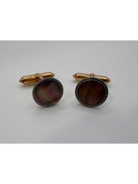 Krementz Abalone Cufflinks Patented Gold Tone Round Iridescent Signed